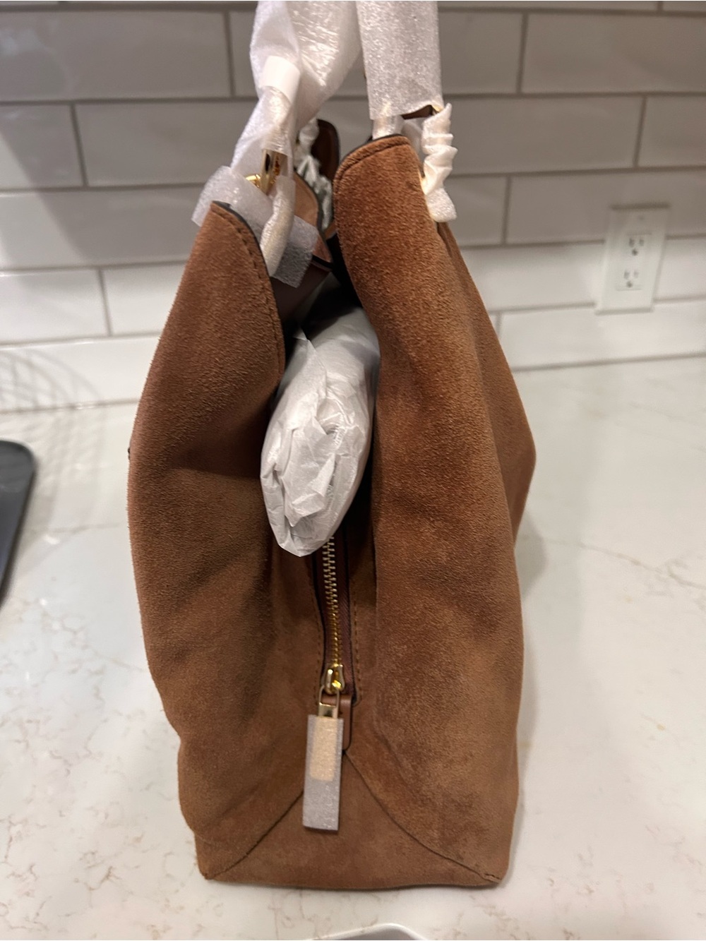 M K Suede Tote Bag in Brown - Elegant Everyday Carry